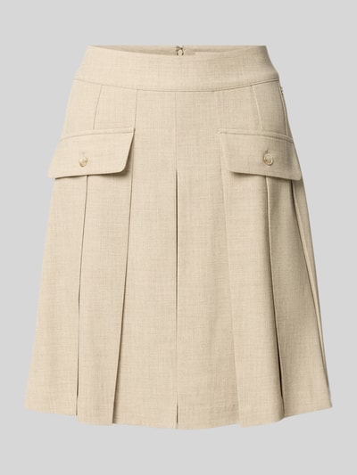 Produktfoto, Knielanger Faltenrock Modell 'Runi' von MOS MOSH, beige, Material-Mix mit Viskose-Anteil, A-Linie, strukturierte Optik. Damen Faltenrock, Knielänge, Bundweite bei Größe 36: 38 cm, Gesamtlänge bei Größe 36: 52 cm.