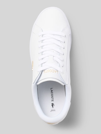Produktfoto, Sneaker aus echtem Rindsleder von Lacoste, Damen Sneaker, weißes Leder mit goldenen Details, glatte Oberfläche, Draufsicht