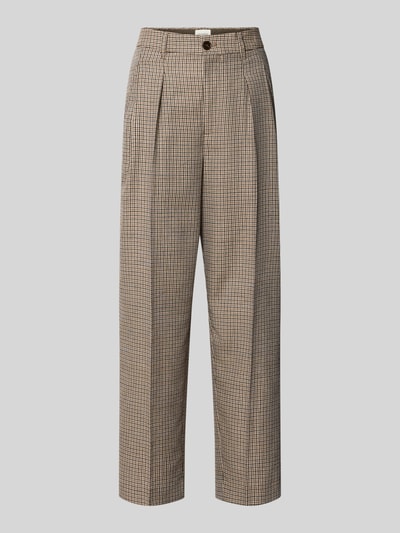Produktfoto, Bundfaltenhose aus Schurwoll-Mix Modell 'RUTHY' von Closed, kariertes Muster, Relaxed Fit, verkürzte Passform, Bügelfalten, Eingrifftaschen, Beige-Braun-Töne, glatte Textur, Damen Bundweite 43 cm, Innenbeinlänge 67 cm.