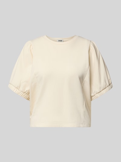 Produktfoto, cremefarbenes Relaxed Fit Sweatshirt mit Rundhalsausschnitt Modell 'Aurati' von Drykorn, elastischer Baumwoll-Mix, Halbarm, elastische Ärmelabschlüsse.