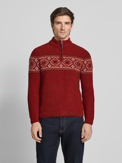RAGMAN Sweter z mieszanki wełny z norweskim wzorem i kołnierzem zapinanym Czerwony 4