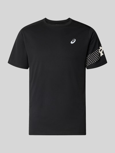 Produktfoto, Regular Fit T-Shirt mit Label-Print Modell 'ICON' von ASICS TIGER, czarny kolor, okrągły dekolt, nadruk z logo, długość tyłu w rozmiarze M: 71 cm