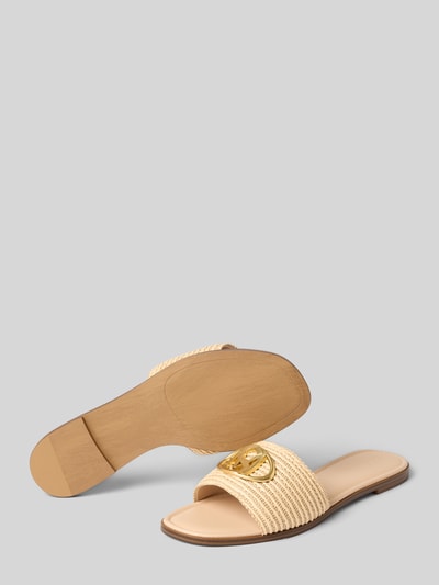 Produktfoto, Slipper mit Logo-Detail Modell 'Kora' von Steve Madden, natürliche Beige-Töne, offene Ferse, abgerundete Passform, Damen, Absatzhöhe: 1 cm, Struktur in Flechtoptik