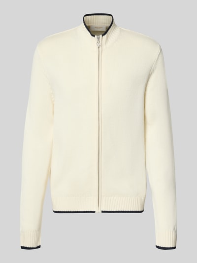 Produktfoto, Strickjacke mit Reißverschluss Modell 'FREDERIKSBERG' von JACK & JONES aus Baumwoll-Mix in Offwhite mit Kontraststreifen, gerippter Stehkragen, Regular Fit, glatte Textur