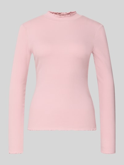 Produktfoto, Slim Fit Langarmshirt aus Baumwoll-Mix von Tom Tailor Denim in Rosa, unifarben, Feinripp, Frill-Abschlüsse, hochgeschlossen