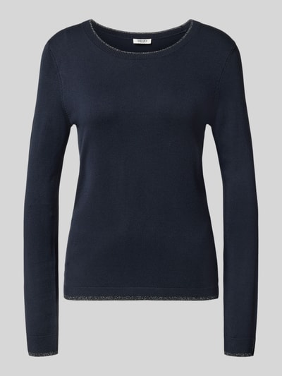 Produktfoto, dunkelblauer Pullover aus Viskose-Mix mit Rundhalsausschnitt und langen Ärmeln, körpernahe Passform, Modell 'Maglia Chiusa' von Liu Jo White, Viskose-Mix, Rückenlänge 60 cm, Ärmellänge 64 cm