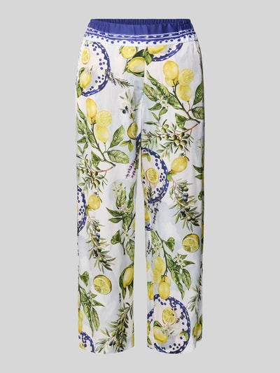 Produktfoto, Straight Fit Stoffhose aus reiner Viskose mit Allover-Motiv-Print von Marc Cain, biel z żółtym i zielonym motywem cytryn, krój straight fit, skrócony fason, szerokość w rozmiarze 36: 40 cm, długość wewnętrzna nogawki w rozmiarze 36: 64 cm, częściowo elastyczny pas, 100% wiskoza