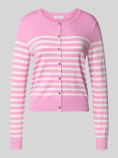 Produktfoto, Strickjacke aus Viskose-Mix mit Streifenmuster von Christian Berg Woman in Rosa und Weiß, Rundhalsausschnitt, Knopfleiste, Regular Fit