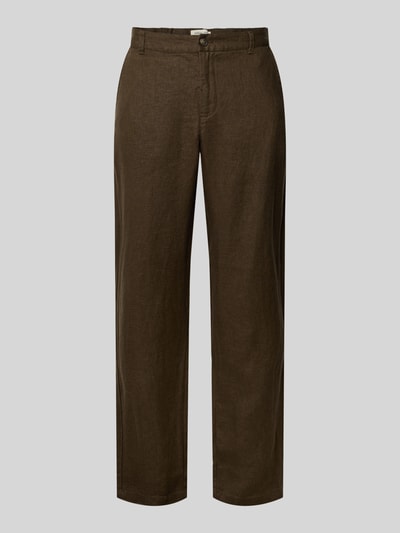 Produktfoto, Leinenhose mit Eingrifftaschen Modell 'Pandrup' von Casual Friday in Dunkelbraun, gerade geschnitten, glatte Textur, Regular Fit, reines Leinen, sichtbarer Bund und Knopf, Eingrifftaschen, angezeigt in neutralem Licht, Kontext: Herren Leinenhose, Bundweite 42 cm, Innenbeinlänge 83 cm bei Größe 32/32.