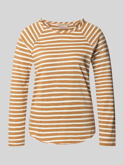 Produktfoto, Langarmshirt mit abgerundetem Saum von Smith and Soul, braun-weiße Streifen, reine Baumwolle, gerader Schnitt, Rundhalsausschnitt.