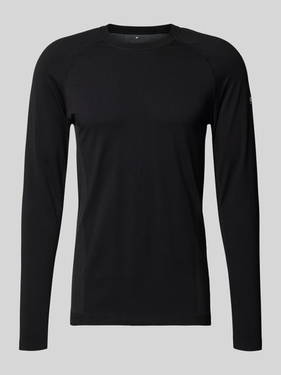 Produktfoto, effen zwart Slim Fit Langarmshirt uit ademend materiaal, model 'TRAINING DAY' van Fabletics, reflecterend logo, licht, zweetregulerend, anti-geurtechnologie, 4-weg stretch, ronde hals, lange mouwen