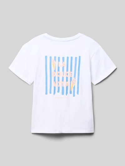 Produktfoto, Kinder T-Shirt mit Print und Rundhalsausschnitt von DANAMADE aus Baumwoll-Elasthan-Mix, Relaxed-Fit, weiße Farbe, Rückenlänge 51 cm bei Größe 140, Ärmel mit Aufschlag, Eistüten-Print und pastellfarbene Streifen.