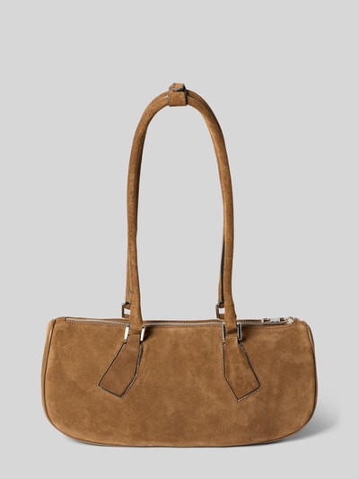 Produktfoto, Handtasche mit Label-Detail Modell 'CECILE' von LIEBESKIND BERLIN in braunem Wildleder, rechteckige Form, sichtbarer Reißverschluss, Tragehenkel und Schulterriemen, Maße 33x15x11 cm, Hauptfach mit Reißverschluss, schlichte Textur