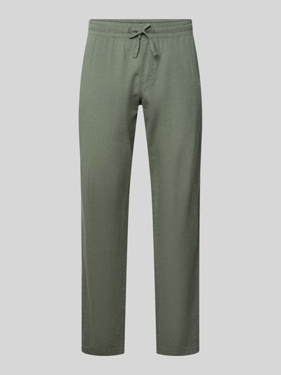 Produktfoto, spodnie z mieszanki bawełny i lnu model 'KANE' od Jack & Jones, krój regular fit, elastyczny pas, szerokość w rozmiarze M: 41 cm, długość wewnętrzna nogawki: 81 cm, kolor zielony, gładka struktura