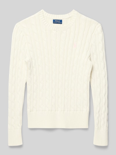 Produktfoto, Regular Fit Pullover aus reiner Baumwolle von Polo Ralph Lauren Teens in Uni-Creme, Zopfmuster, Strick, Logo-Stitching, Rundhals, langarm, gerippte Abschlüsse