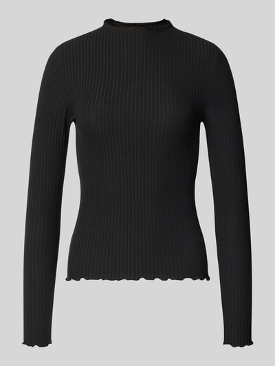 Produktfoto, schwarzes Slim Fit Langarmshirt mit Viskose-Anteil Modell 'EMMA' von ONLY, feine Rippstruktur, Damen Langarmshirt von ONLY