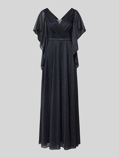 Produktfoto, Maxikleid mit V-Ausschnitt und Ziersteinbesatz von Vera Mont in dunkler Glitzer-Optik, taillierte Passform, Falten-Optik, Volantärmel, Rückenlänge 133 cm bei Größe 38, Brustweite 42 cm, Ärmellänge 24 cm, feine Textur und sanfte Falten.