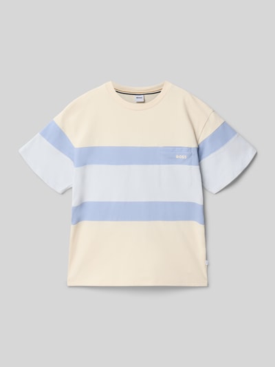Productfoto, Regular Fit T-shirt uit katoenmix van BOSS voor kinderen, meerkleurige look met labelopschrift, ronde hals, korte mouw, piqué textuur
