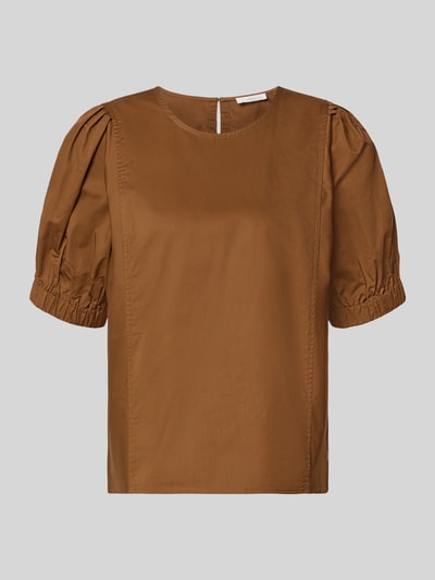 Produktfoto, Regular Fit Bluse mit Puffärmeln Modell 'SOLID' von Fynch-Hatton, okrągły dekolt, krój regular fit, bufiaste rękawy, długość tyłu 61 cm, długość rękawów 32 cm, kolor brązowy, gładka tekstura