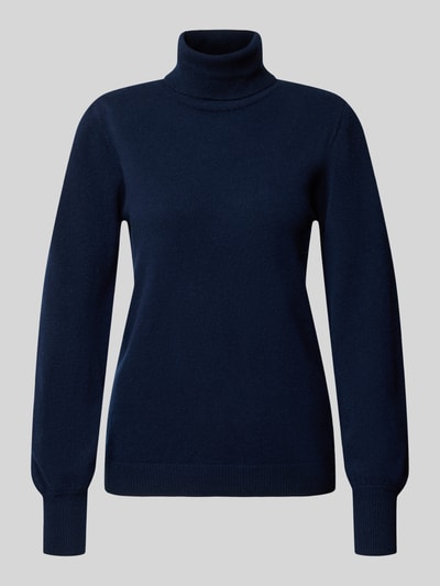 Produktfoto, dunkelblauer Strickpullover aus reiner Wolle Modell 'Jola' von My Essential Wardrobe, tailliert, Rollkragen, feine Wollstruktur
