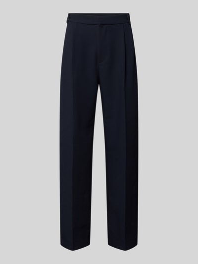 Produktfoto, ciemnogranatowe spodnie Straight Fit Stoffhose mit Bundfalten von SEIDENSTICKER STUDIO, materiał elastyczny, kieszenie boczne i tylne, szlufki, długość nogawki 81 cm, szerokość w rozmiarze M 44 cm