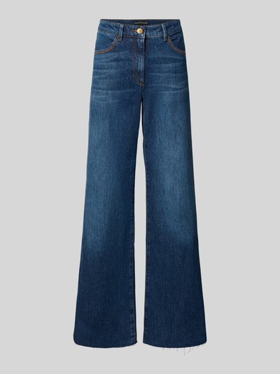 Produktfoto, Flared Fit Jeans aus elastischem Baumwoll-Mix mit Gürtelschlaufen von Luisa Cerano in Dunkelblau, sichtbare Eingrifftaschen, glatte Textur, gerade geschnittenes Bein, erhältlich in Bundweite 39 cm und Innenbeinlänge 83 cm, Kontrastnähte und Gesäßtaschen.