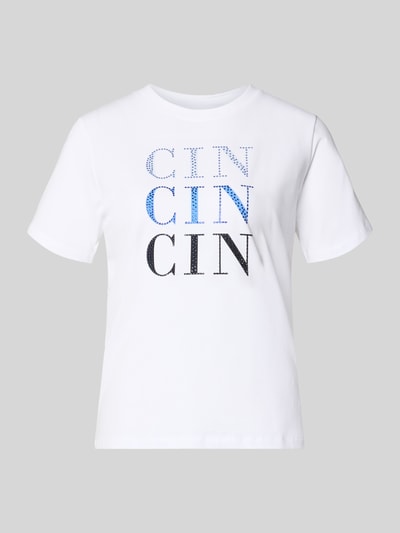 Produktfoto, T-Shirt mit Ziersteinbesatz und Rundhalsausschnitt von Comma aus Baumwoll-Mix mit Modal-Anteil, weiß mit Print, Regular-Fit, glatte Textur.