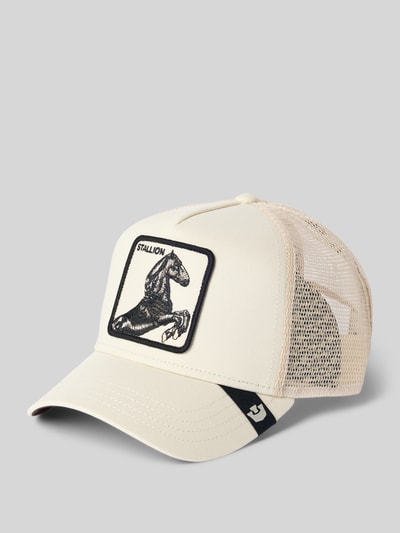 Produktfoto, cremefarbene Trucker Cap mit Motiv-Stitching, Mesh und Strapback, Logo-Detail, Trucker Cap mit Motiv-Stitching von GOORIN BROS.