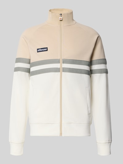 Produktfoto, Trainingsjacke mit Label-Patch und Stehkragen Modell 'RIMINI' von ellesse, Baumwoll-Mix, Regular-Fit, Reißverschluss, Eingrifftaschen, Rückenlänge bei Größe M 71 cm, Ärmellänge 65 cm, creme und beige mit grauen Streifen.