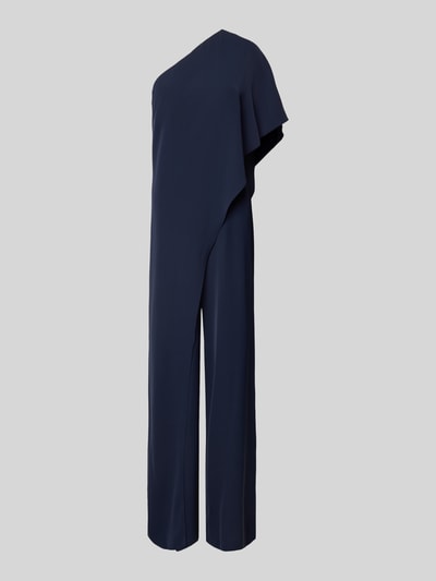 Produktfoto, donkerblauwe Jumpsuit met Cape model 'April' van Lauren Ralph Lauren, rechte snit, één schouder, gladde textuur