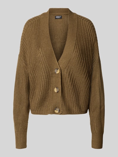 Productfoto, boxy fit gebreid jack met v-hals model 'CAROL' van ONLY in effen bruin met grove structuur, Dames Strickjacke van ONLY