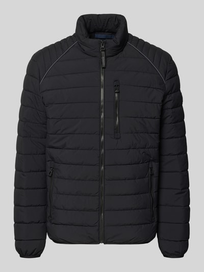 Produktfoto, Steppjacke mit Stehkragen und Reißverschlusstaschen von LERROS, schwarze Oberfläche, Regular Fit, glatte Textur, Vorderansicht. Rückenlänge 69 cm, Schulterbreite 46 cm, Brustweite 60 cm, Ärmellänge 69 cm.