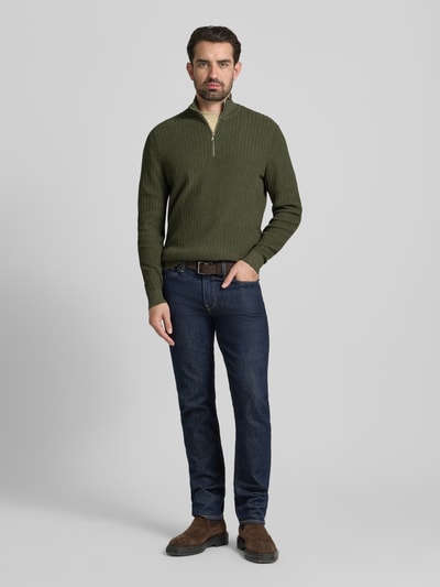 Christian Berg Men Strickpullover mit gerippten Abschlüssen Oliv Melange 1