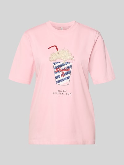 Produktfoto, Regular Fit T-Shirt aus reiner Bio-Baumwolle Modell 'BURST' von Only in Rosa mit Optik: Unifarben, Applikation aus Perlen- und Paillettenbesatz, Rundhals, Kurzarm, Jersey-Textur.