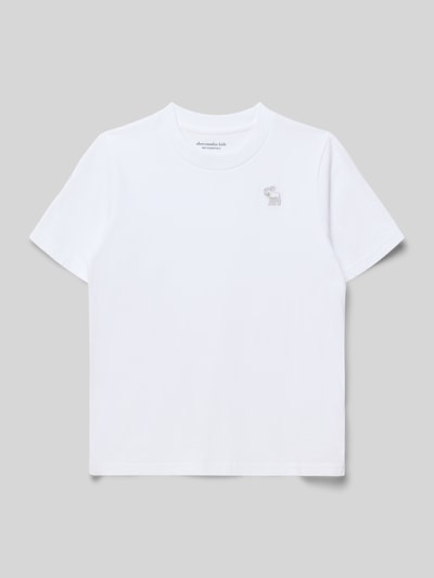 Produktfoto, białe T-Shirt mit Rundhalsausschnitt Modell 'ESSENTIAL' od Abercrombie&Fitch, prosty krój, krótki rękaw, długość tyłu w rozmiarze 134: 48 cm
