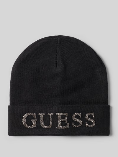 Produktfoto, Mütze aus Viskose-Mix mit Label-Detail von GUESS, schwarze Damen Mütze, breite Krempe, körpernahe Passform, grobe Textur
