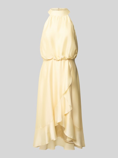 Produktfoto, Neckholder-Cocktailkleid mit Volants van Swing in lichtgeel satijn, A-lijn, midi-jurk, ruglengte maat 36: 125 cm, borstwijdte 34 cm