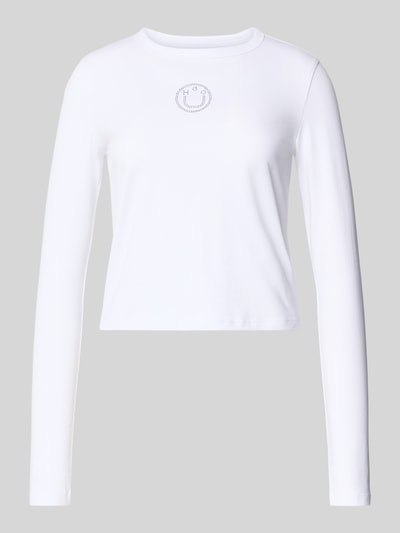 Produktfoto, weißes Slim Fit Langarmshirt aus Baumwoll-Mix mit Glitzer-Print, unifarben, Rundhals, Modell 'Daliriee_B' von HUGO, Jersey