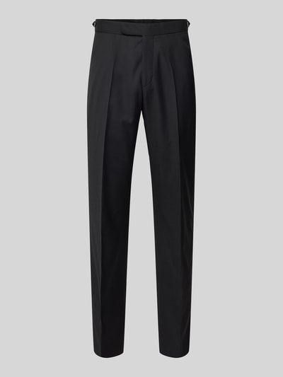 Produktfoto, schwarze Stoffhose mit Bundfalten von Wilvorst aus Baumwoll-Mix, gerader Schnitt, französische Eingrifftaschen, Gesäßtasche.