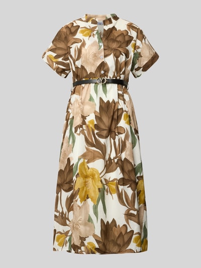 Produktfoto, Midikleid mit Gürtel Modell 'Za44ritii' von ZABAIONE aus Reine Baumwolle, florales Muster in Beige und Braun, Taillierter Schnitt, Tunikakragen, kurze Knopfleiste, Pinschließe, 1/2-Arm, Rückenlänge 115 cm, Brustweite 55 cm, Ärmellänge 15 cm.