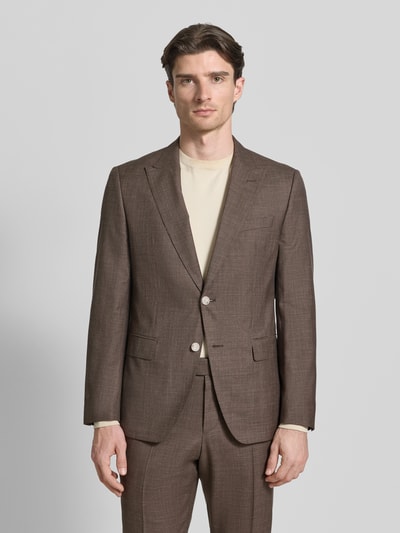 Männermodel trägt Regular Fit Anzugsakko aus Schurwoll-Mix Modell 'H-HUGE' von BOSS, braun, Optik: Unifarben, Flammgarn, Ganzkörperansicht von vorne.