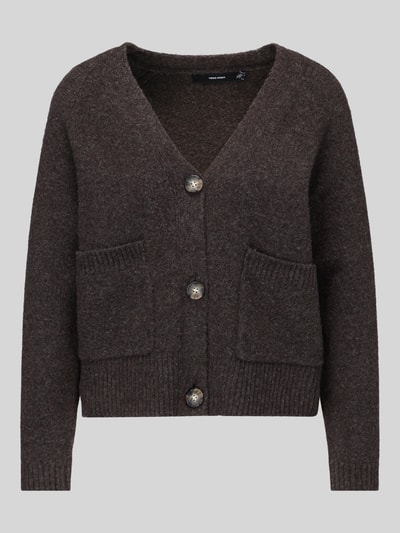 Produktfoto, Oversized Strickjacke mit Woll-Anteil Modell 'BOOM' von VERO MODA in Dunkelbraun, sichtbare Knöpfe und aufgesetzte Taschen, grobe Stricktextur, Damen Strickjacke