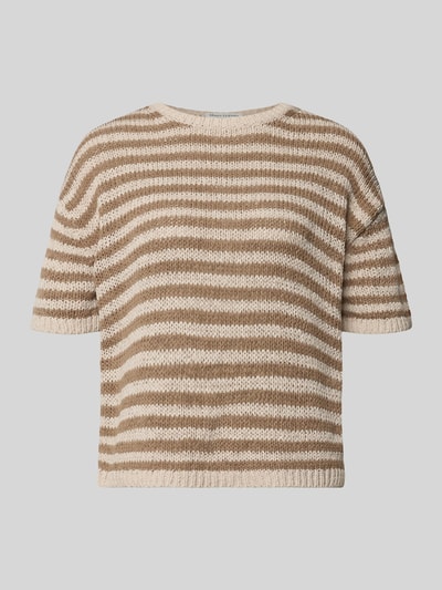 Produktfoto, Loose Fit Pullover aus Baumwoll-Mix von Marc O'Polo in Beige und Weiß mit Allover-Streifen, kurzen Ärmeln, Strick-Optik