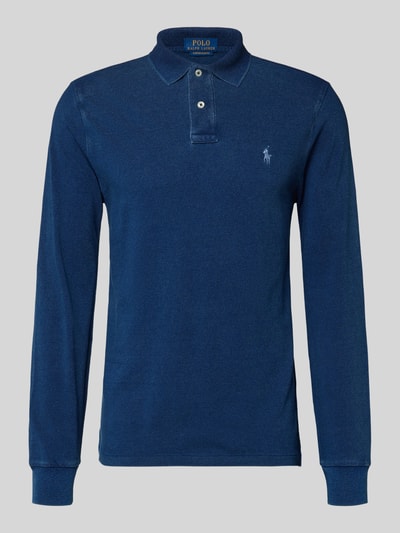 Produktfoto, Custom Slim Fit Poloshirt mit Label-Stitching von Polo Ralph Lauren in Dunkelblau, Baumwolle, Polokragen, Knopfleiste, lange Ärmel