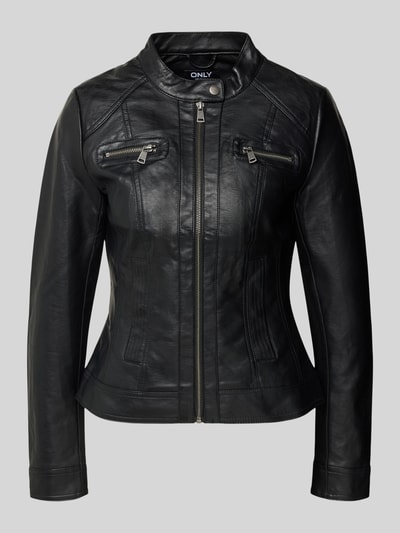 Produktfoto, Jacke im authentischen Leder-Look von Only, schwarz, Stehkragen mit Riegel, Reißverschluss, taillierter Schnitt, Brusttaschen mit Reißverschluss, Eingrifftaschen, Rückenlänge 56 cm, Schulterbreite 37 cm, Ärmellänge 62 cm