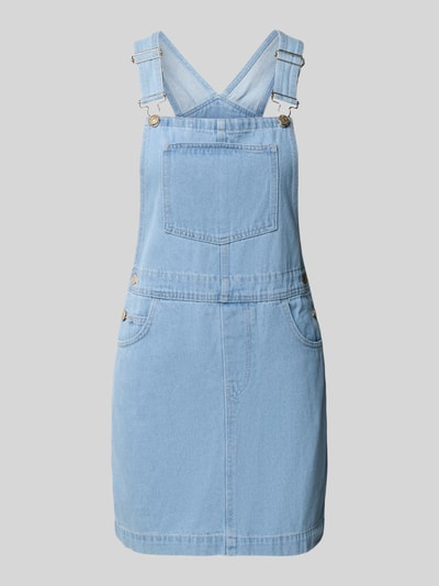 Produktfoto, hellblaues A-Linie Jeanskleid aus Baumwoll-Mix Modell 'NELLI' von Only mit Henley-Ausschnitt, Mini-Länge, Denim-Optik, sichtbaren Nähten, Brusttasche, seitlichen Eingrifftaschen, breiten Trägern und Knopfdetails, strukturierte Twill-Verarbeitung