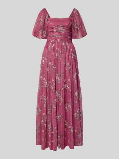 Productfoto, avondjurk met karree-ausschnitt van LACE & BEADS, roze chiffon met bloemenprint, A-lijn, maxi-jurk, ballonmouwen, plooien, smokdetail, ruglengte maat S 128 cm, borstwijdte 34 cm, mouwlengte 29 cm
