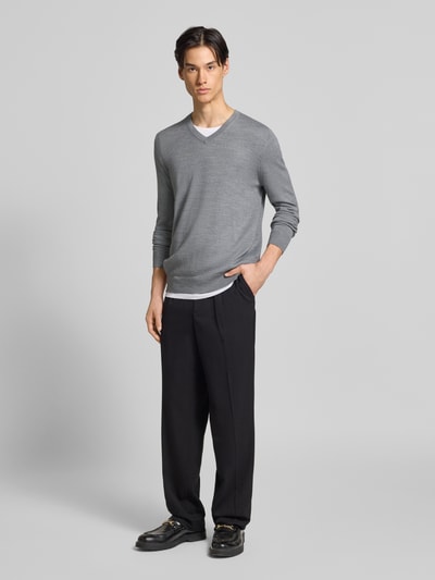 Christian Berg Men Gebreide pullover van een mix van merinowol met V-hals Lichtgrijs gemêleerd - 1