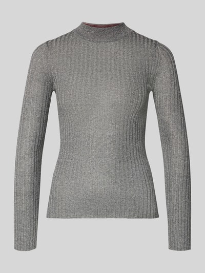Produktfoto, Strickpullover mit geripptem Stehkragen von Marella, silbergrau, Viskose-Mix mit Metall-Anteil, Slim Fit, strukturierte Oberfläche