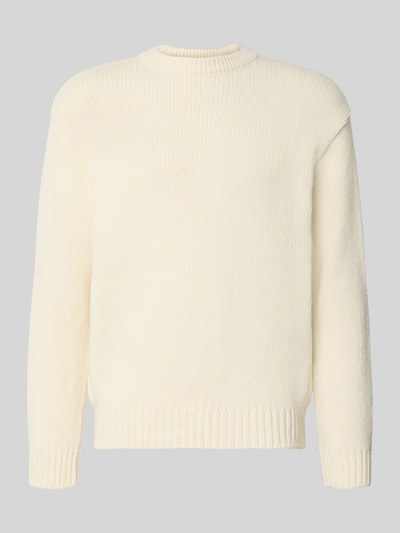 Produktfoto, cremeweißer Strickpullover aus Woll-Mix Modell 'ELLIS HIBIKI' von Edwin, gerader Schnitt, gerippte Abschlüsse, klare Textur